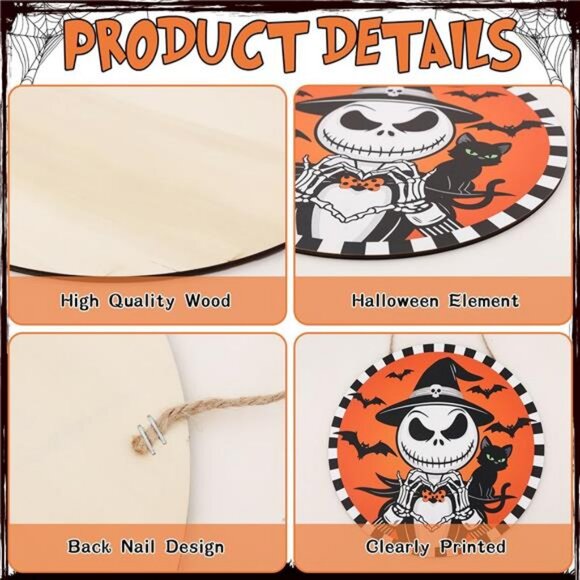 Halloween Decorations Jack Wreath Sign for Front Door Decor Spooky Bat Wood - Picture 6 of 8